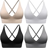 Evercute Women's Sports Bras 3/4 Pack Adjustable Deep V Neck Bras Wireless Spaghetti Strap Criss Cross Padded Low Support Bra