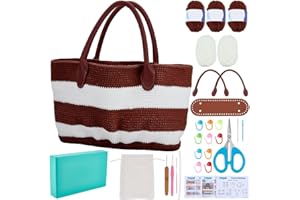 ORIGACH DIY Crochet Handbag Kit for Beginners, Chocolate Brown Striped Crochet Bag with PU Leather Band and Base, Include Yar