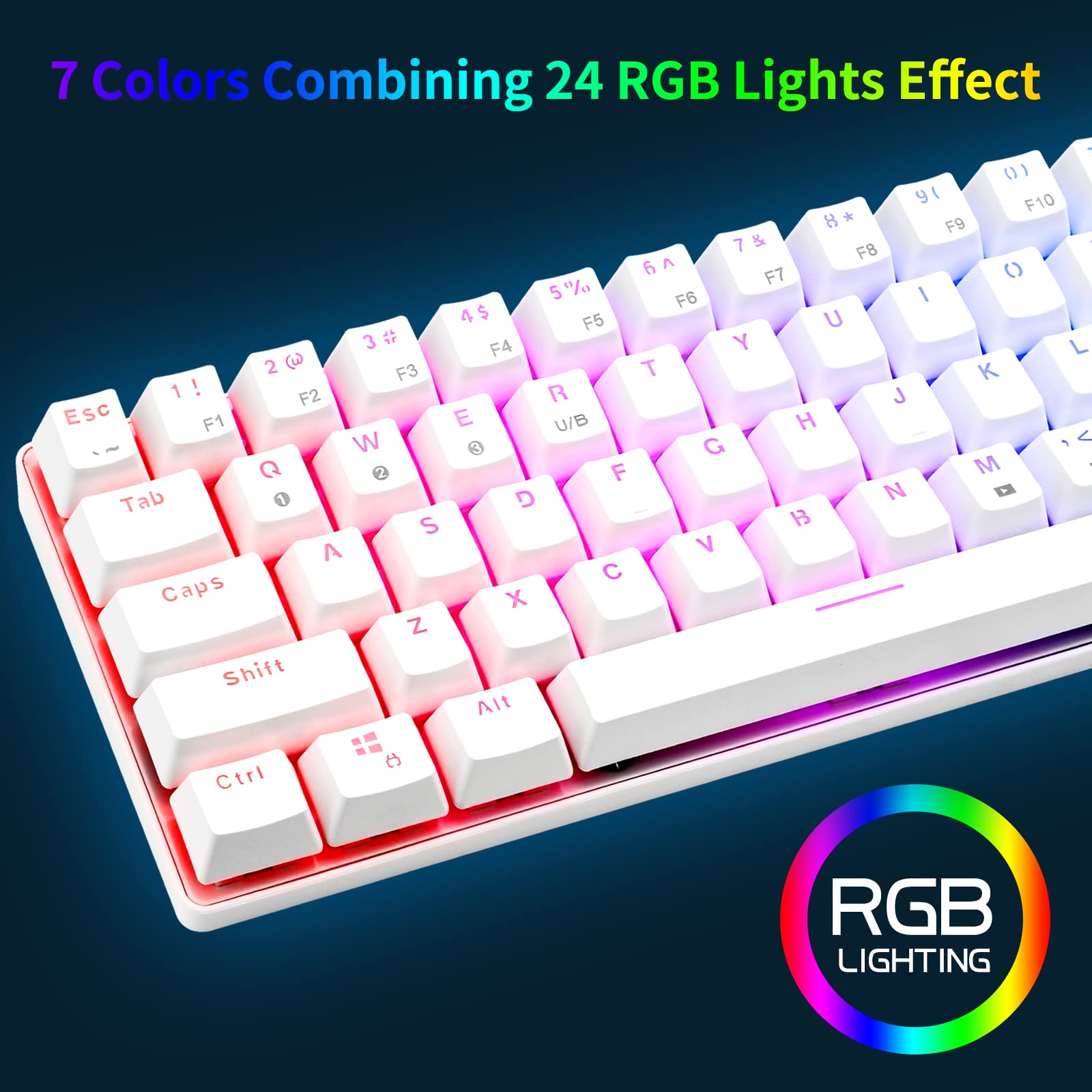 HUO JI CQ63 60% RGB Wireless Mechanical Gaming Keyboard, Authentic Cherry MX Brown Switches, Bluetooth 5.0, Wired Keyboard 63 Keys for PC Tablet Laptop Cell Phone, White