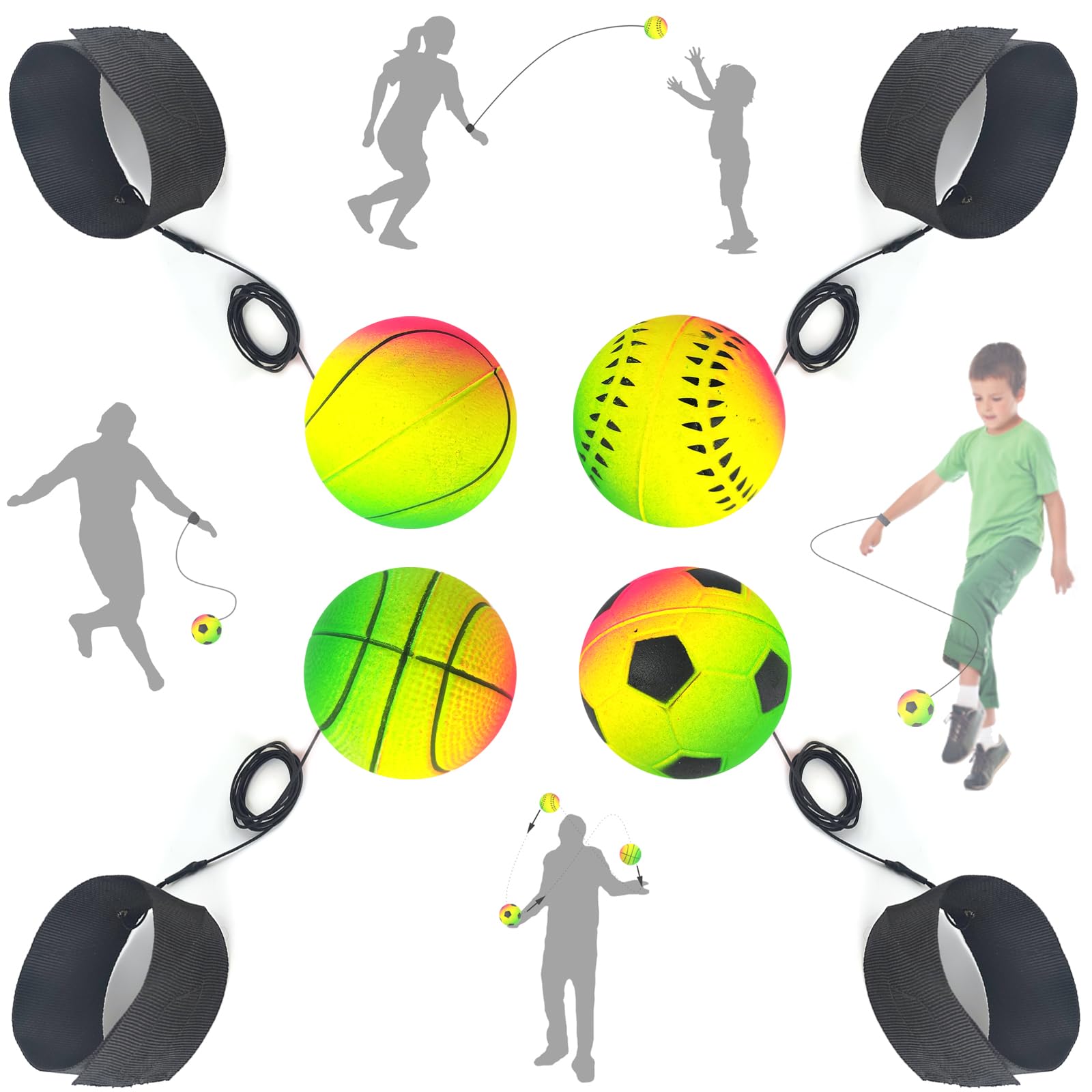 Jastown Neon Spring Balls, ball on a string, wrist rebound balls, exercises the fingers,ball on elastic, Hand eye coordination training,rubber balls on a string for kids，4 pcs — image 1