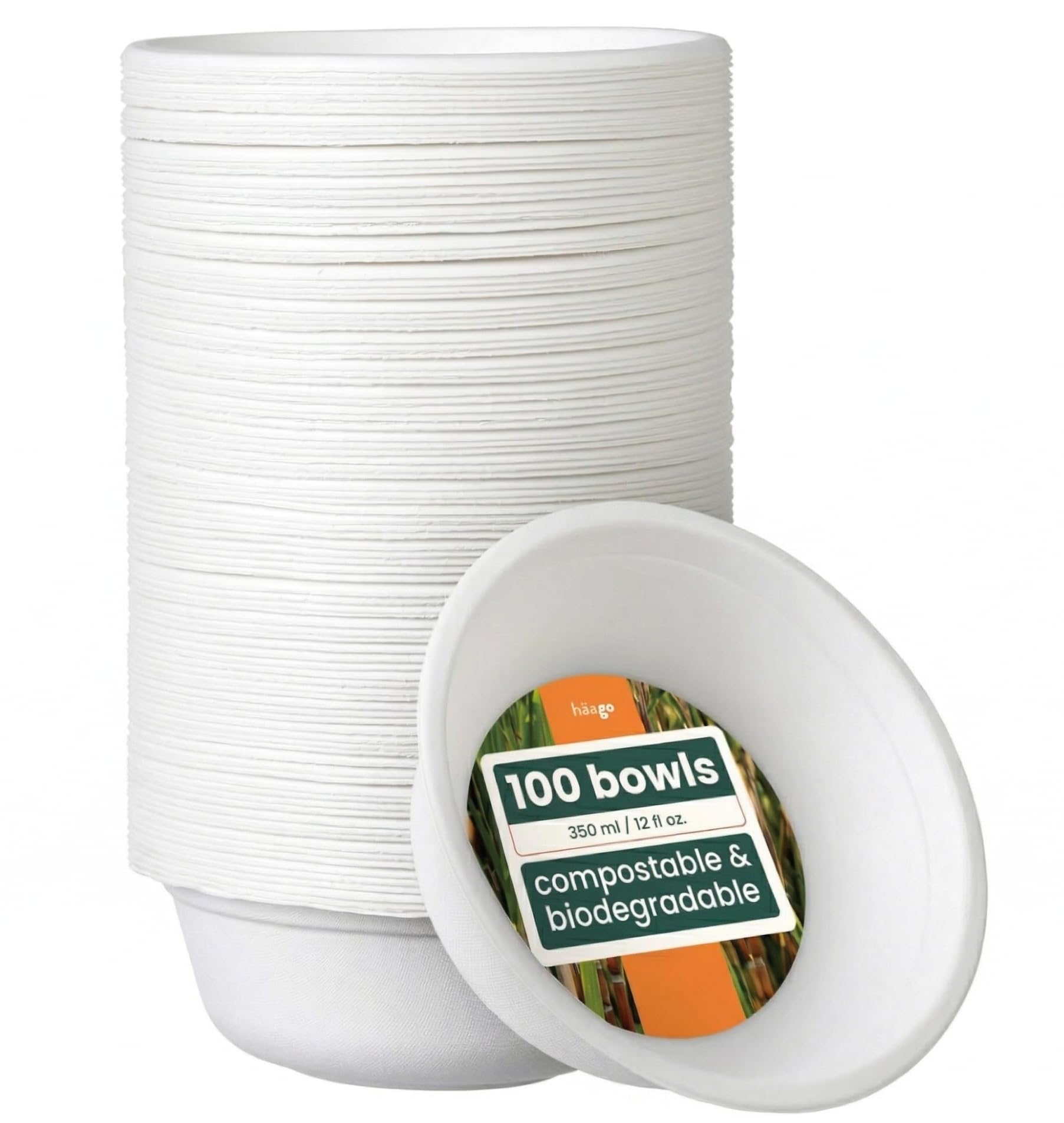 HAAGO 100 Strong Biodegradable Sugarcane Bagasse Bowls, 350 ml / 12oz – Heavy Duty Paper Bowls - Leak- & Grease-Resistant - Compostable Disposable for Soup, Curry, Cereal, Dessert, Parties & Catering