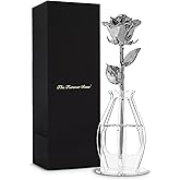 Forever Rose Real Rose Dipped in Platinum, Handcrafted Preserved Rose in Bloom Box and Phantom Vase, Romantic Gift for Her, Elegant Keepsake for Anniversary, Valentine's Days, or Birthday.
