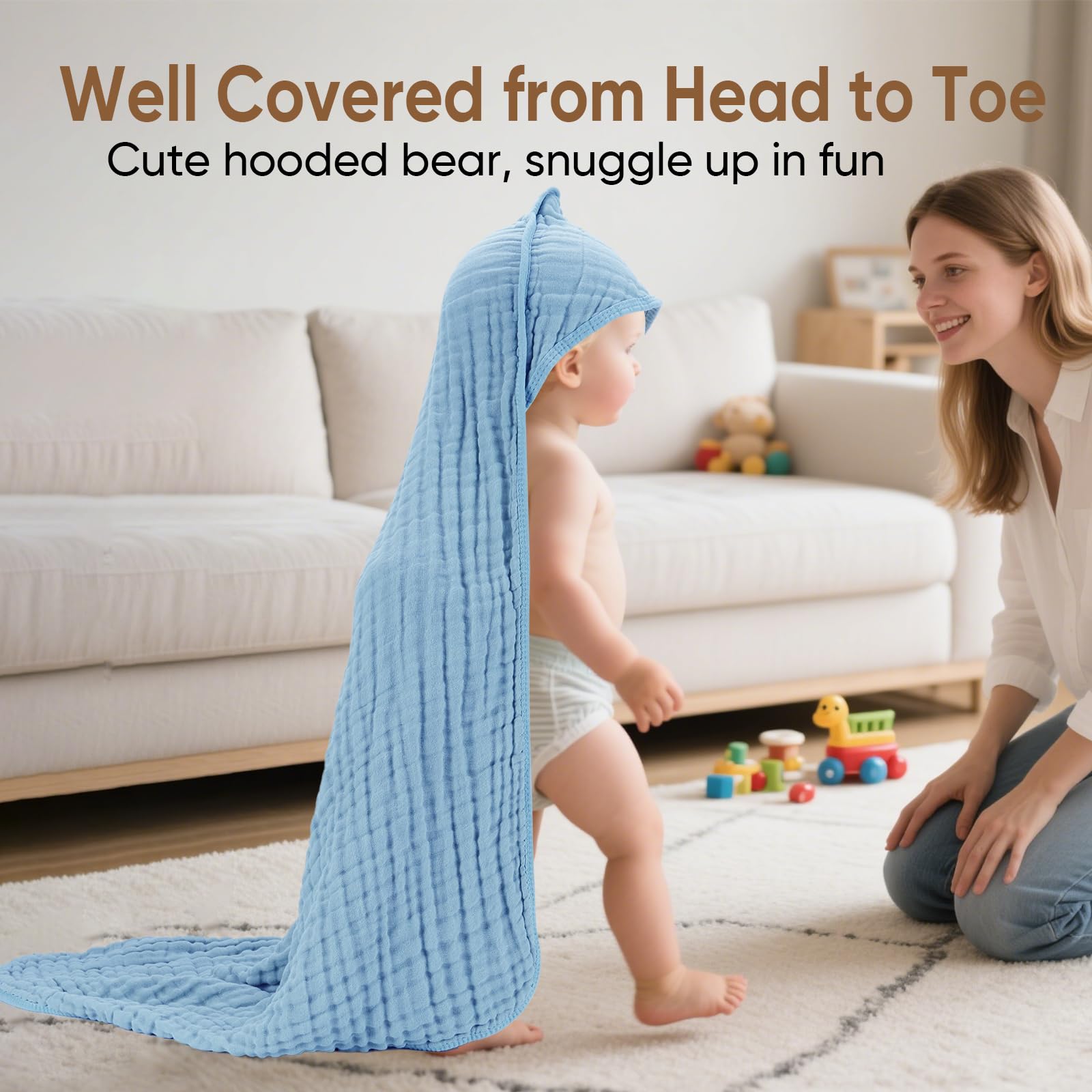 Muslin Baby Towels 100% Cotton ，Super Soft Muslin Baby Bath Towel - 32 x 32 Inches, Suitable for Newborn and Young Children up to 3 Years Old. (Light Blue & Dark Blue)