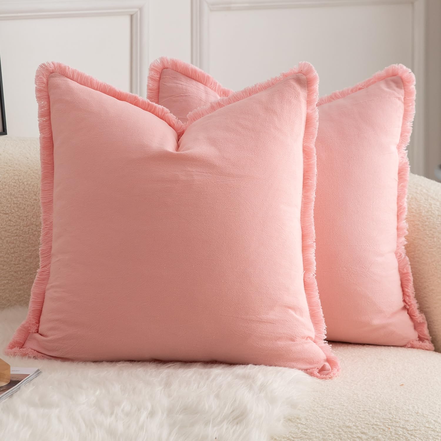 Mandioo Set of 2 Neutral Cotton Fringe Cushion Covers 55x55 cm 22x22 inch Decorative Boho Farmhouse Throw Pillowcase Cozy Tassels for Couch Sofa Bedroom Living Room Home Decor Pink