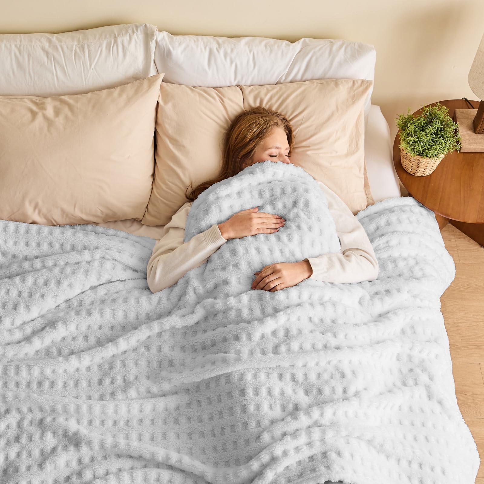 NEWCOSPLAY Super Soft King Blanket White Premium Silky Flannel Fleece 3D Waffle Checkered Lightweight Bed Blanket All Season Use (White, King(90"x110")) Image