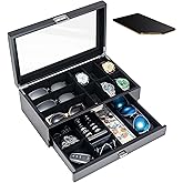 ProCase Lacquered Finish Wooden Men's Jewelry Box, 6 Slots Watch and Sunglasses Box Organizer for Men, 2-Tier Watch Holder Display Cases with Glass Top and Storage Drawer -Black
