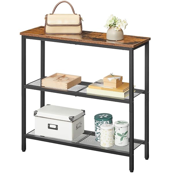 HOOBRO 29.5″ NARROW CONSOLE TABLE, 3-TIER ENTRYWAY TABLE, THIN SOFA TABLE WITH SHELVES, SIDE TABLE, DISPLAY TABLE, FOR HALLWAY, ENTRANCE, LIVING ROOM, BEDROOM, RUSTIC BROWN AND BLACK BF73XG01