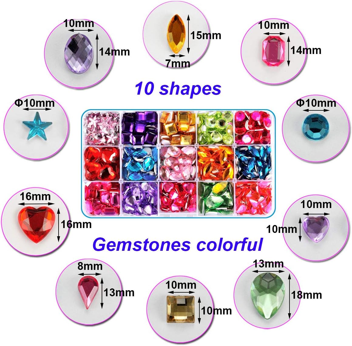 Self Adhesive Craft Jewels Jumbo Bling Crystal Gems Stickers 10 Shapes Color Rhinestones,Size :8mm to 20mm with Glue Stickers in Flat Back for Arts & Crafts Projects (600) - Image 4
