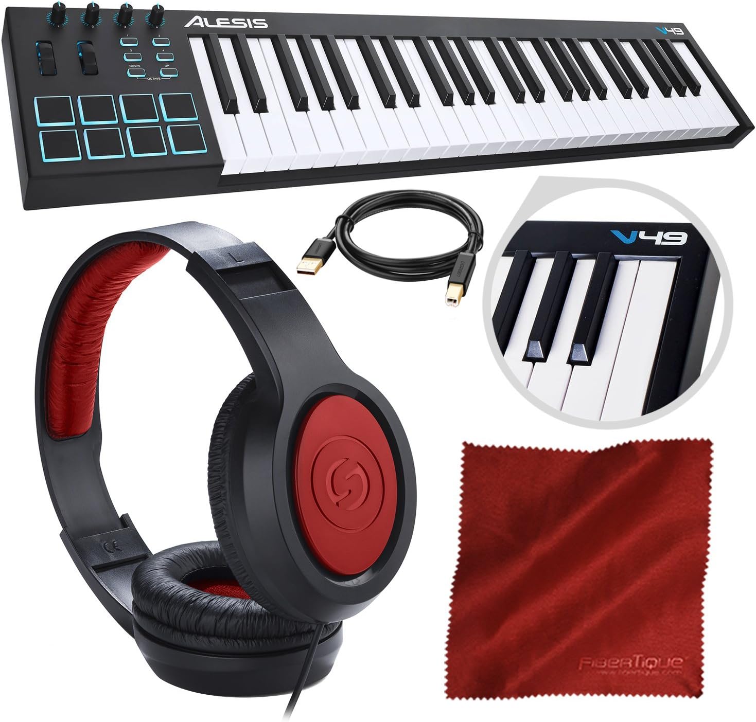 Alesis V49 49-Key MIDI Keyboard & Drum Pad Controller with Samson Over-Ear Headphone, Cable, and Microfiber Cloth