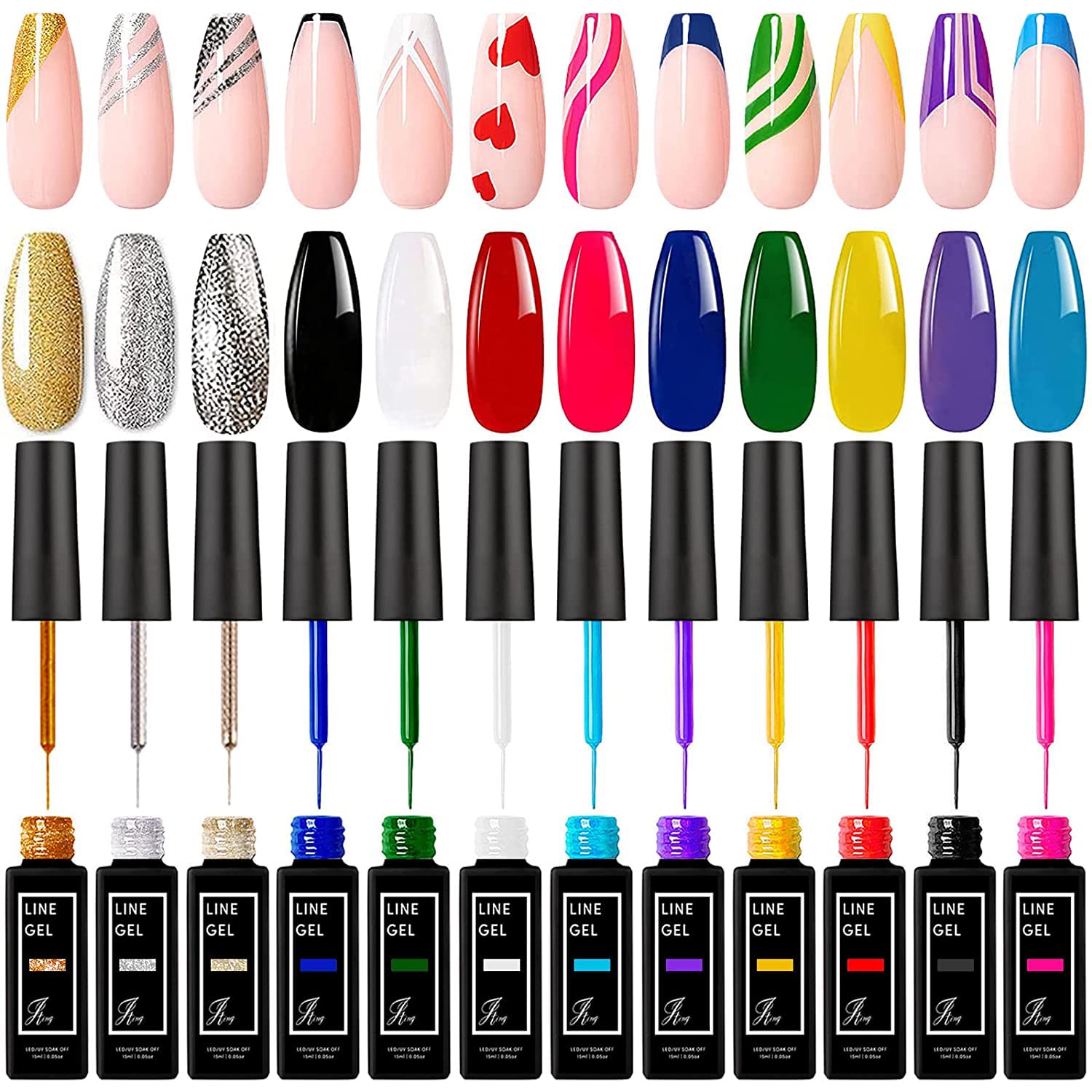 TEEROVA Painted Gel Nail Polish Set, 12 Colors Line Art Gel Neon Yellow Green Glitter Sliver Gold Nail Art Painting Gel Manicure Tools DIY Drawing Nail Gel for Line, 12ml Each Bottle - UV LED Required