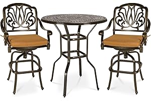 MEETWARM 3-Piece Patio Swivel Bar Set, All-Weather Cast Aluminum Outdoor High Swivel Bar Stool Bistro Set for Backyard Garden w/2 Cushions chairs with Footrest and 38.5" Bar Table, 2" Umbrella Hole