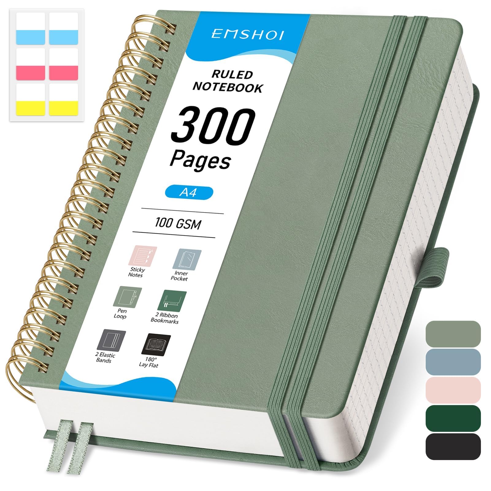 EMSHOI A4 Notebook College Ruled, Spiral Notepad 150 Sheets/300 Pages, 100gsm, HardCover, Sticky Notes, Pocket, Pen Loop, Ruler, Bookmark, Lined Journal for Women Men Writing, 21x28.5cm, Sage Green