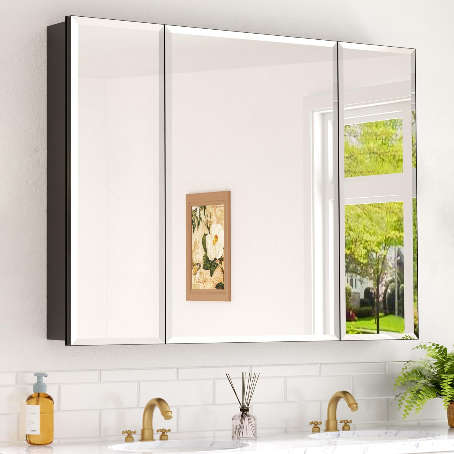 Photo 1 of 40x30 Inch Medicine Cabinet with Mirror, Aluminum Framed Bathroom Mirror Cabinet, Beveled Edge Mirrored Door, Adjustable Shelves, Surface or Recessed Mount Bathroom Mirrors with Storage, Black