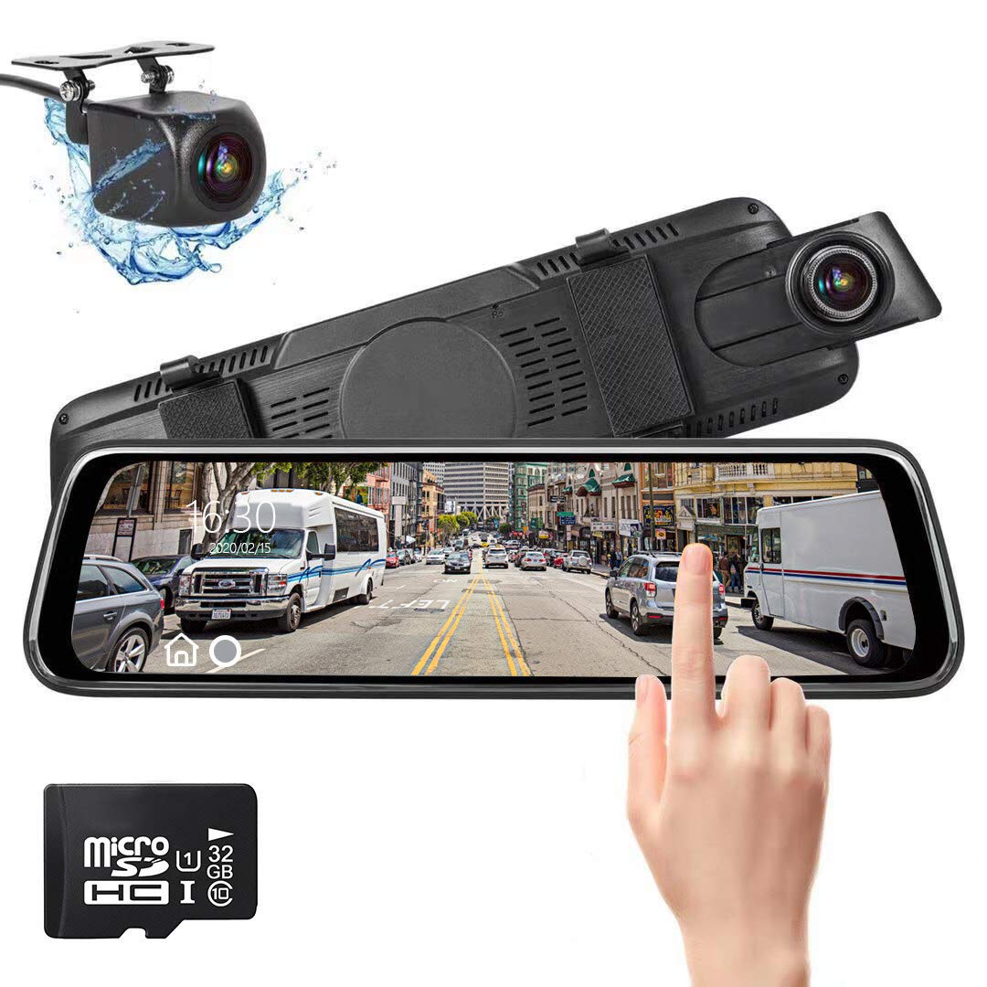 Dash Cam Front and Rear Camera, Mirror Dash Cam 10" Dual Lens Touch Screen Full HD 1080P Front and Rear with 32GB SD Card, G-Sensor, Motion Detection, Parking Monitor, Loop Recording
