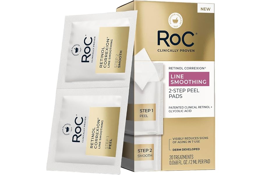 RoC Retinol Correxion Line Smoothing 2-Step Peel Pads with Clinical Retinol & 5-Acid Blend, Resurfacing Treatment for Fine Lines, Dullness, and Pores, 20 Treatments