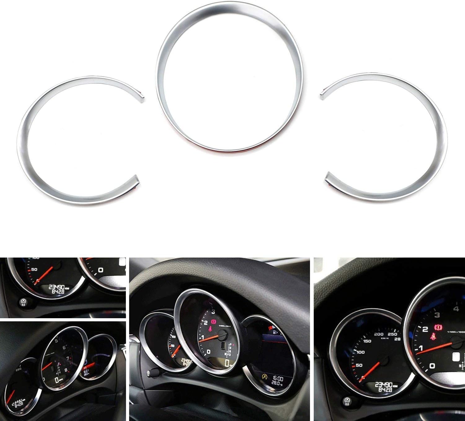 iJDMTOY 3pc Matte Silver Finish Dashboard Gauge Surrrounding Ring Decoration Trim Kit Compatible With 2014-up Porsche Macan