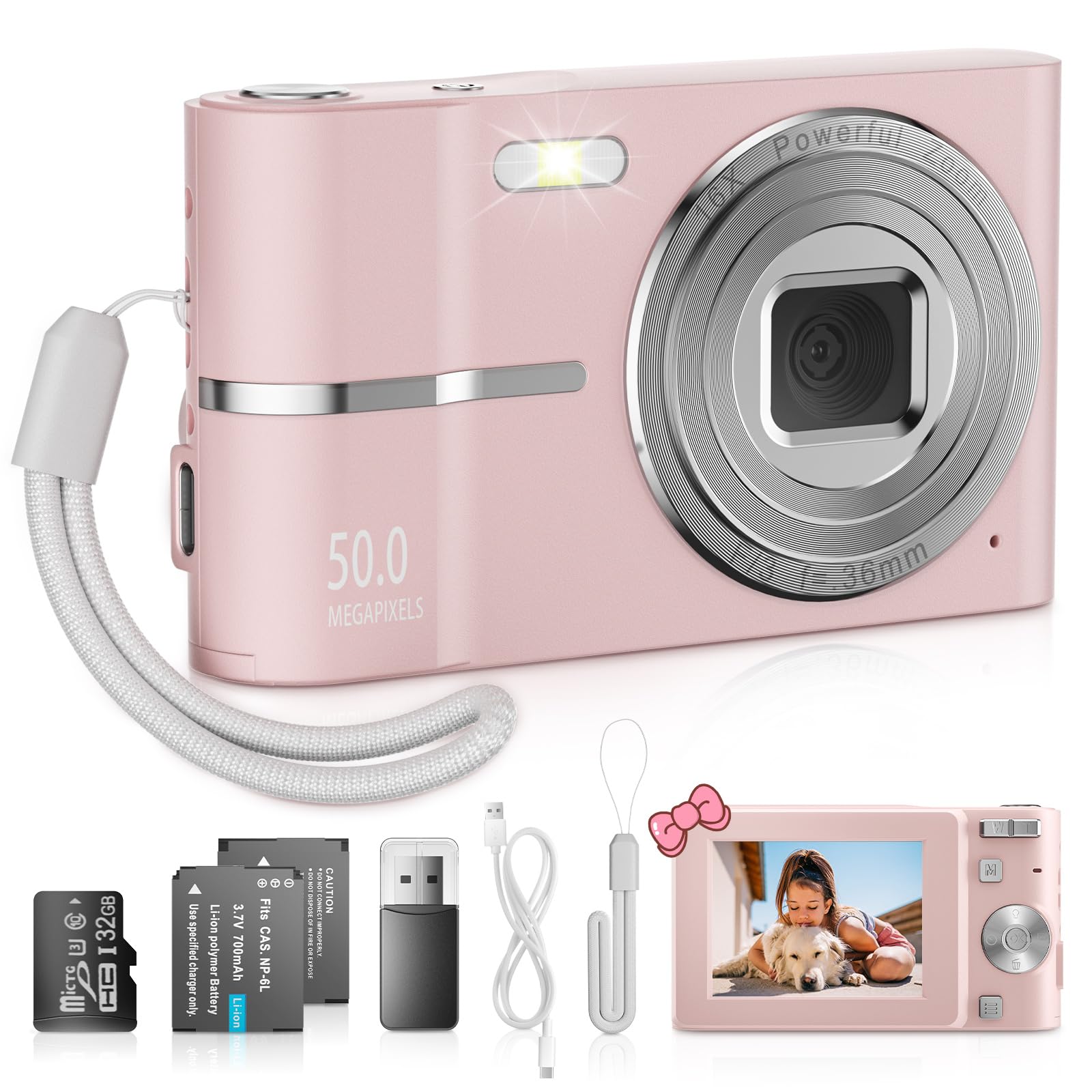 Kids Digital Camera 1080P FHD 50MP Compact Digital Camera - 16X Digital Zoom Auto Focus, Kid Camera with 32GB TF Card,Two Batteries, 2.4" Small Vlogging Camera for Teens Students Beginner
