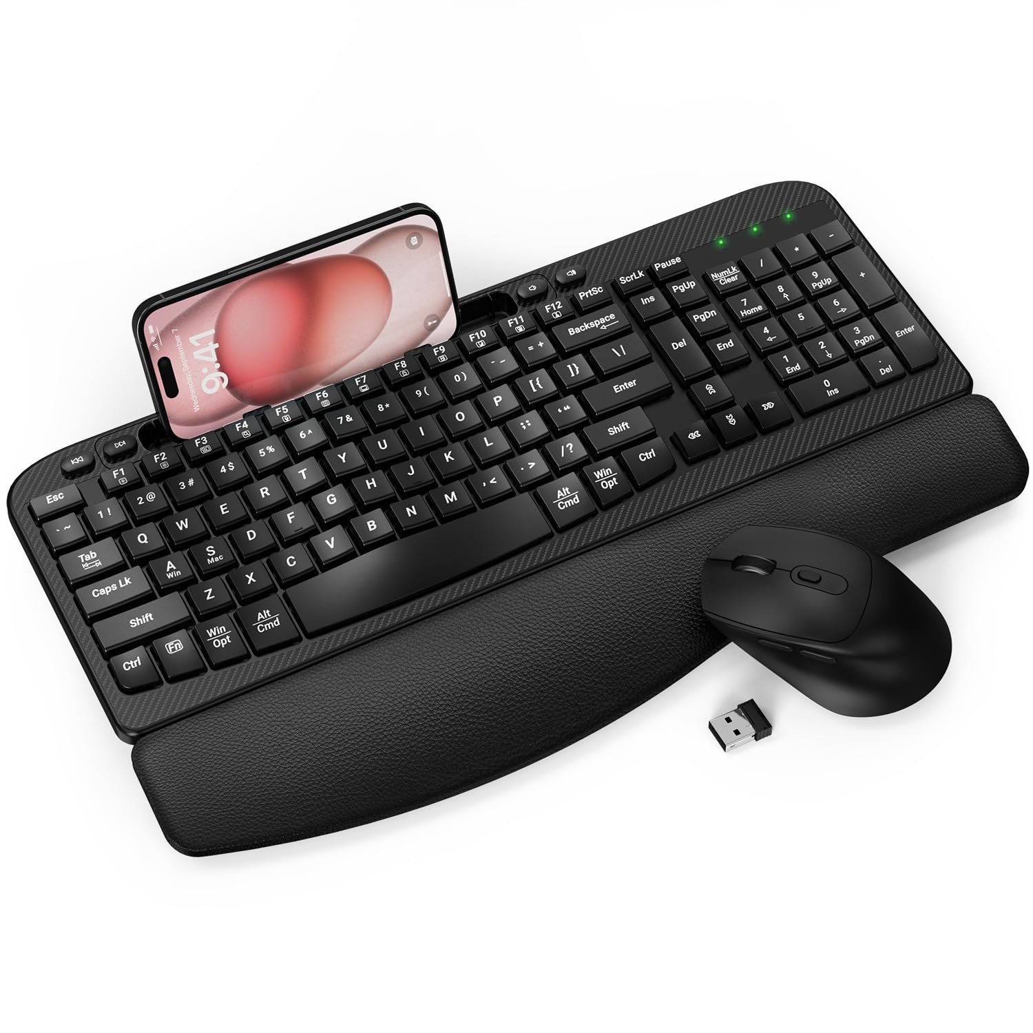 Photo 1 of Wireless Keyboard and Mouse Combo, Wave Keys Computer Ergonomic Keyboard with Cushioned Plam Rest, Phone Holder, 2.4GHz Silent 6 Button Wireless Mouse Set for Laptop, PC, Windows, Mac (Black)