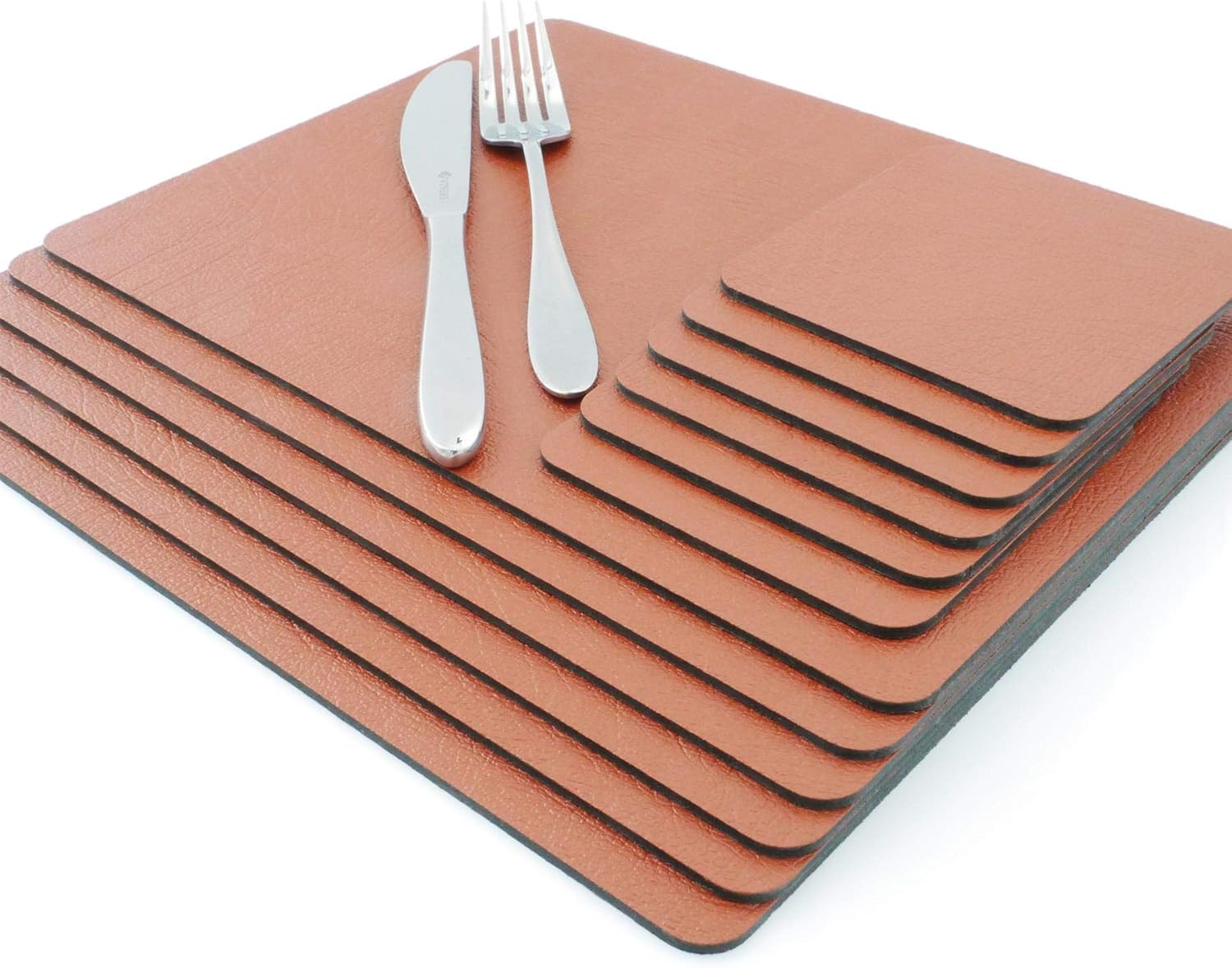 Sets of 6 Saddle Brown Leather Placemats and 6 Leather Coasters Made in