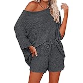 Ermonn Womens 2 Piece Outfits Sweater Sets Off Shoulder Knit Tops Waist Short Suits Casual Pajama Set
