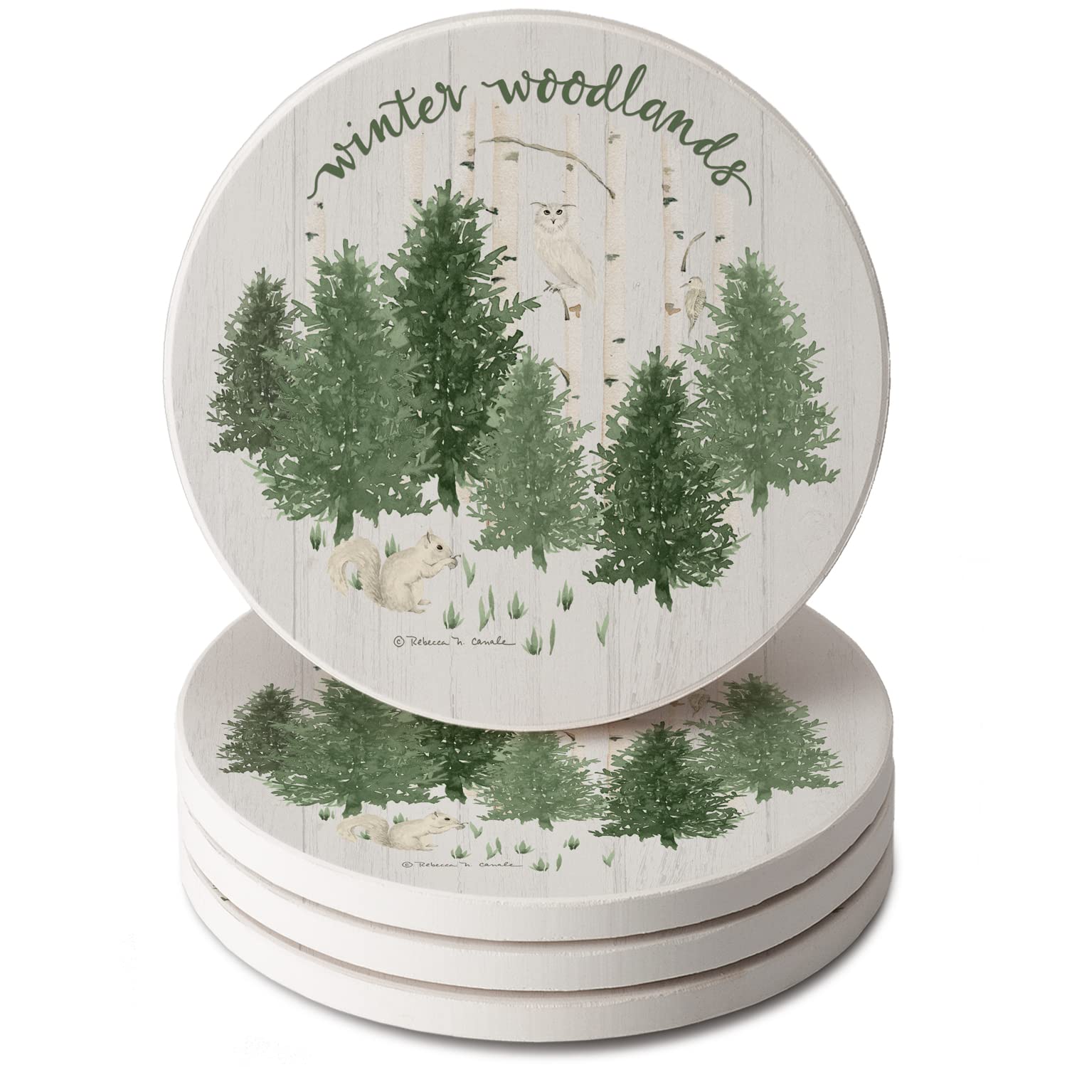 Photo 1 of ***MINOR DAMAGE*** Thirstystone Winter Woodlands 4 Pack Round Absorbent Stone Coasters with Protective Cork Backing Manufactured in The USA Artistic Absorbent Easily Wipes Clean