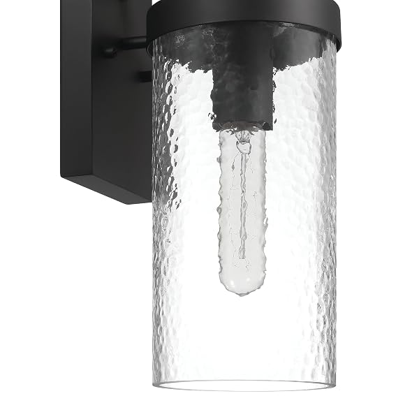 ROBERT STEVENSON LIGHTING ARIA – MODERN MINIMALIST CYLINDRICAL TEXTURED WATER GLASS AND METAL WALL MOUNTED OUTDOOR LIGHT, MATTE BLACK
