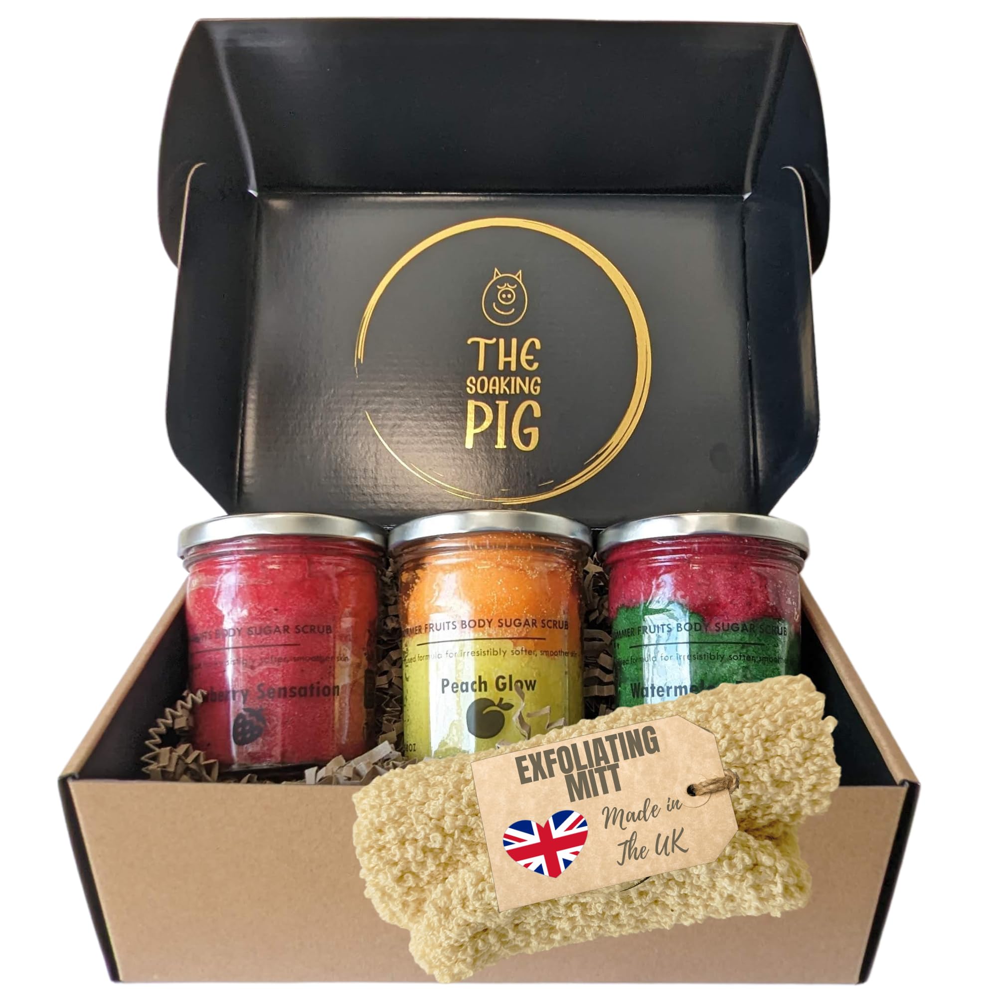 Summer Sugar Body Scrub Triple Pack,Rich In Natural Minerals For All Skin Types, Body Scrub Exfoliator With Vitamin E. 3 x Jars Of Exfoliating Body Scrub With An Exfoliating Mitt Perfect For Your Skin