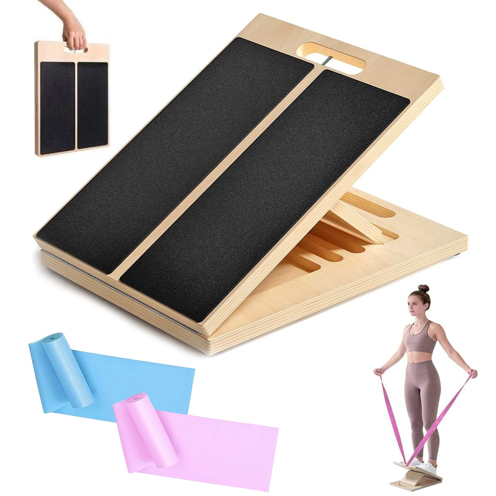 Photo 1 of Wooden Slant Board for Calf Stretching, Adjustable Calf Stretch Board with Training Poster & Resistance Bands, 300lb Weight Capacity Calf Ankle Achilles Physical Therapy Leg Exercisers Portable