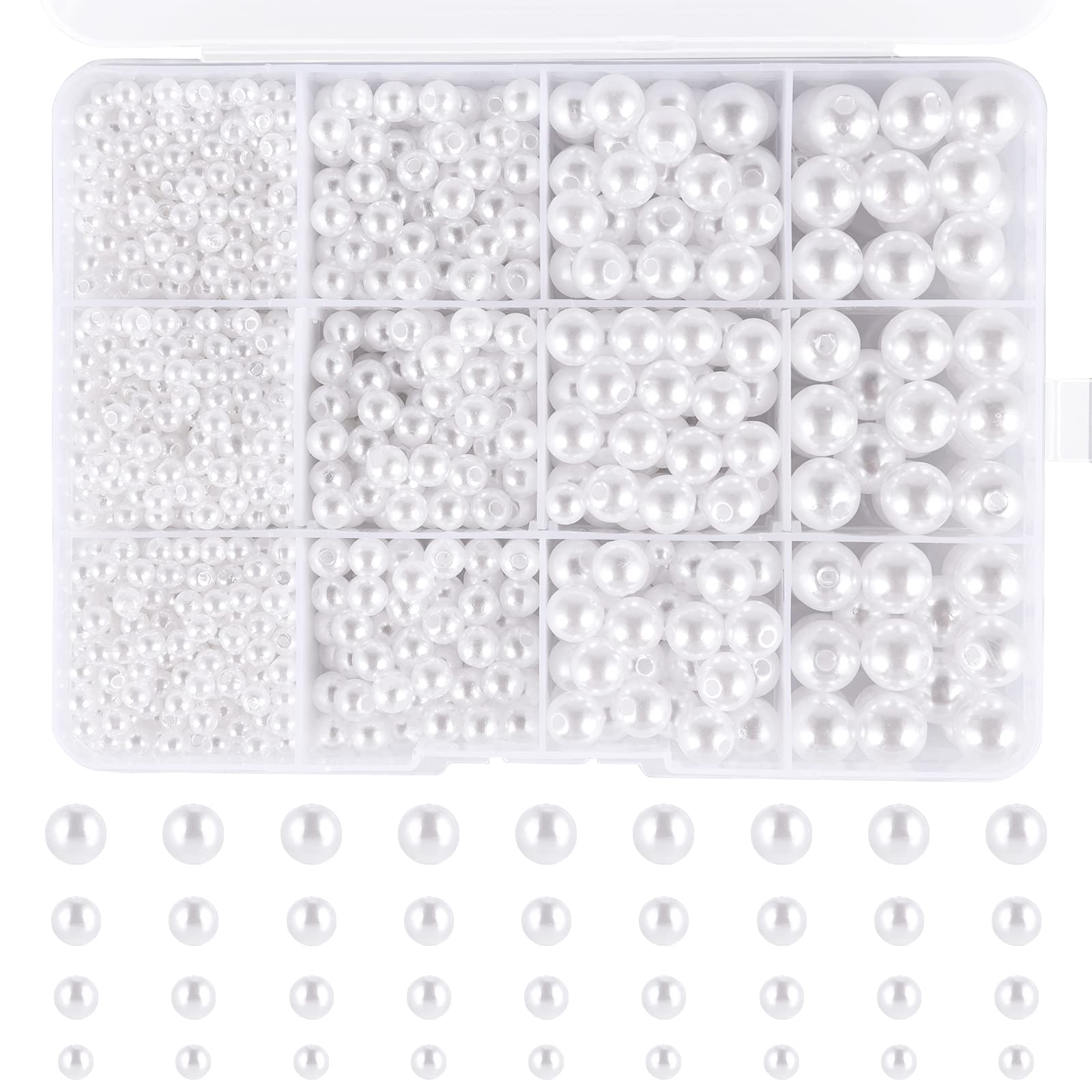 1320 Pieces Ivory White Round Pearl Beads, 4/6/8/10mm Mixed Imitation Pearls, Loose Pearls Beads with Hole, Luster Polished Pearls for Crafting Jewelry Bracelets Necklaces Hairs Decoration Vase Filler