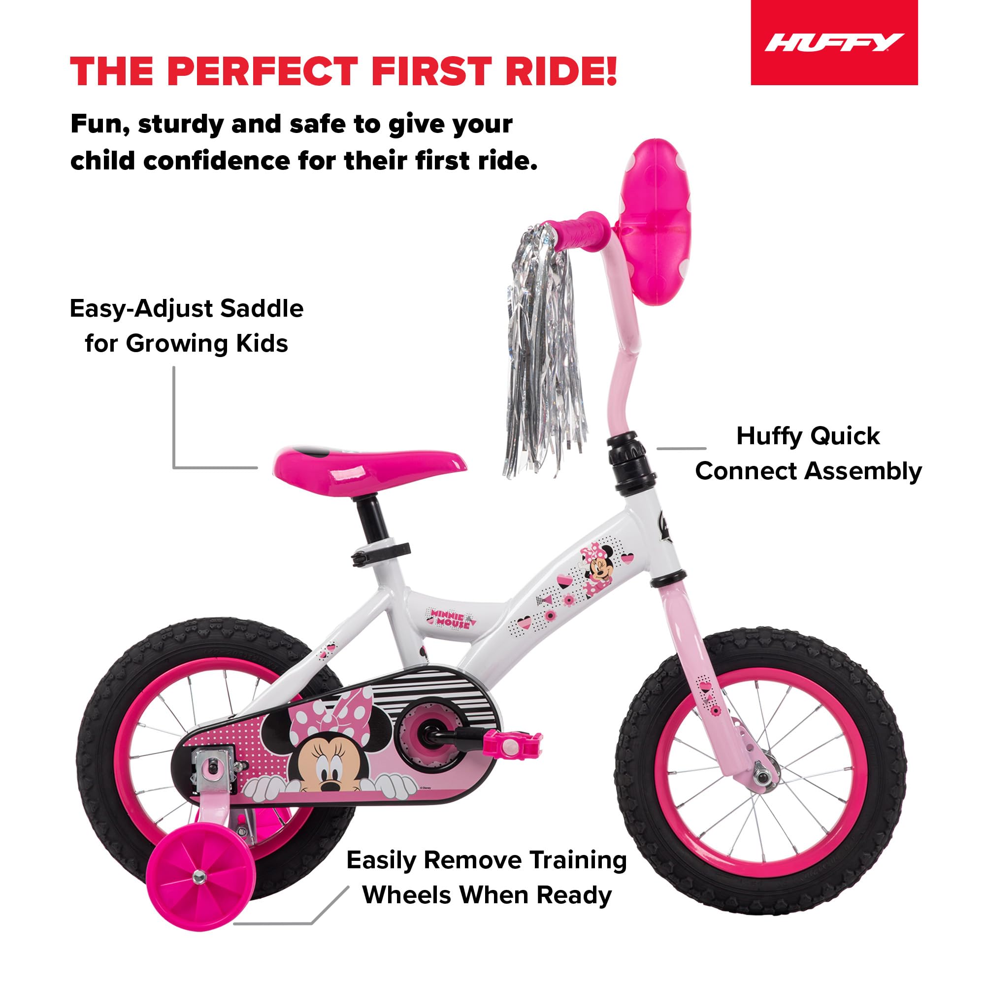 Huffy Disney Girls' Bikes, 12/16 Inch Sizes, Ages 3+ Years Old, Disney Princess, Minnie Mouse, Frozen Bicycles, Characters, Removable Training Wheels, Streamers, Easy Assembly, Durable, Safe