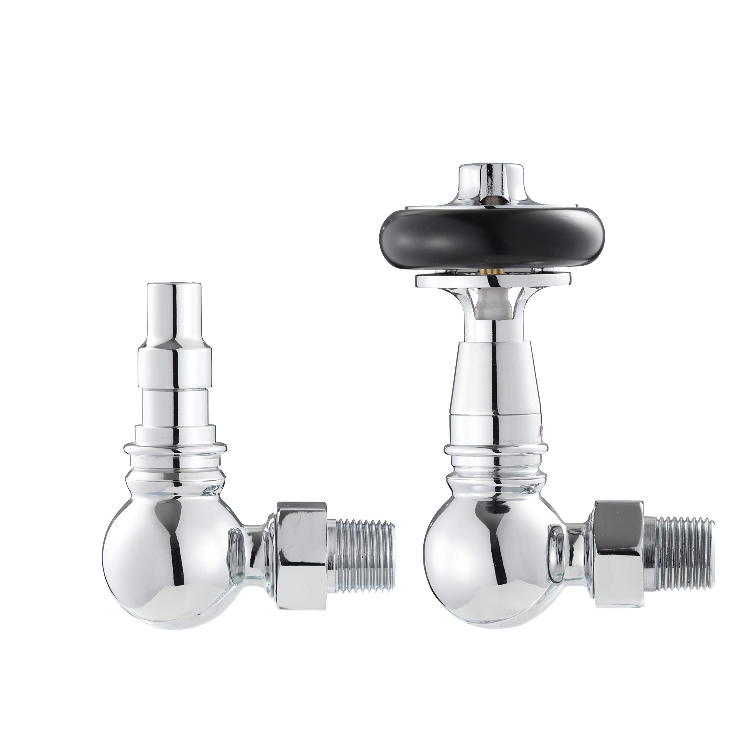 UK-28 Ch Arroll traditional chrome thermostsic radiator valve with FSC certified black wooden wheel head & lockshield