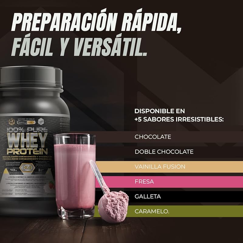Whey Protein Healthy Fusion | Proteína pura con Colágeno, Magnesio y Vitamina B6 | 43g proteína + 9g BCAA | Mejora tus entrenamientos, aumenta masa muscular y fortalece articulaciones | 1 kg