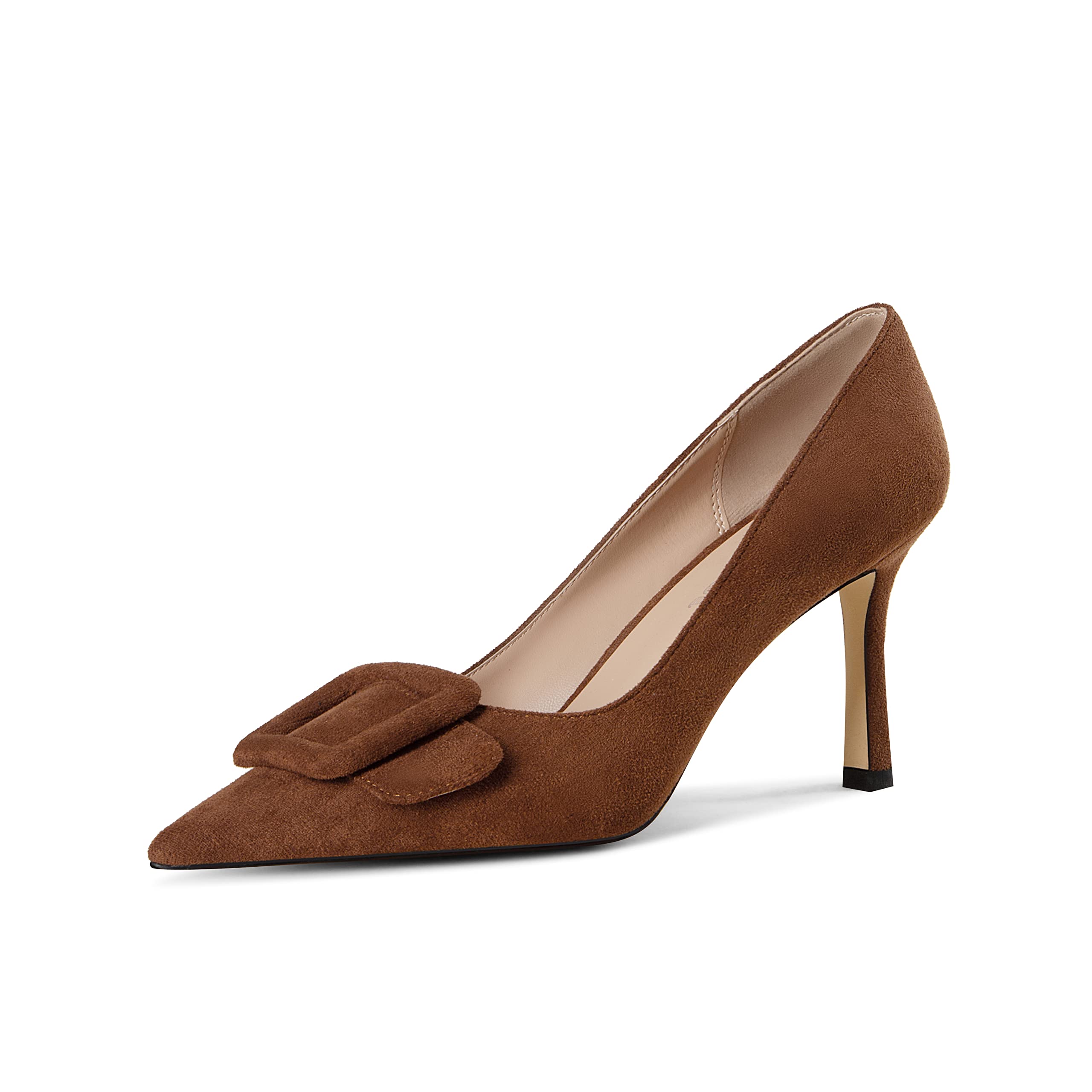 Photo 1 of Fericzot Women's Stiletto High Heel Pumps Wedding Party Closed Classic Dress Heeded Shoes with Square Buckle Brown-Suede 8