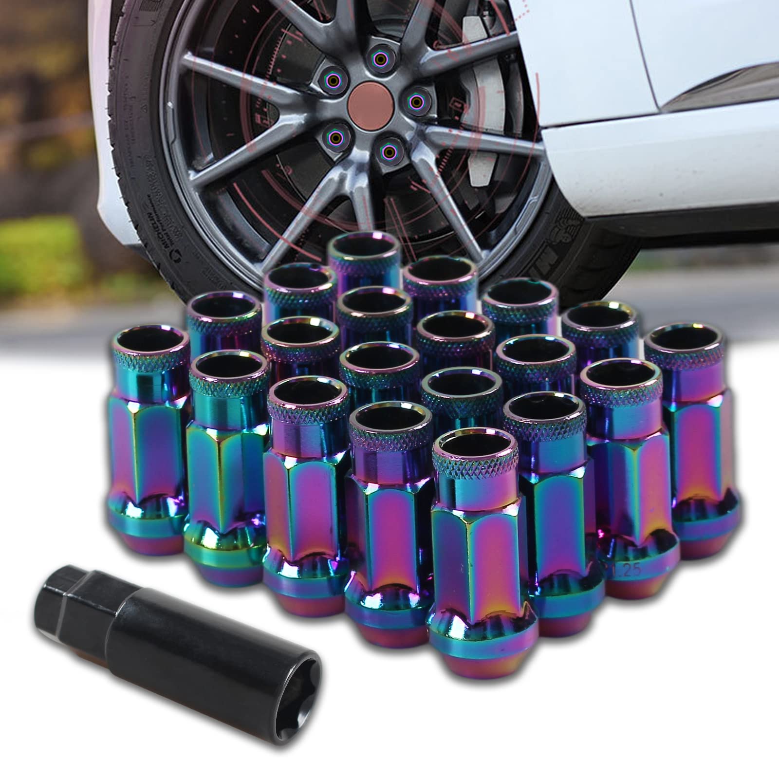 VEHSUN スチール製 ホイールナット タイヤナット レーシングナット ロング ホイールロックナット M12 x P1.5 高さ48mm 20個セット 貫通ナット カラーナット 盗難防止 ロックナット 専用ソケット付き 虹色 の商品画像