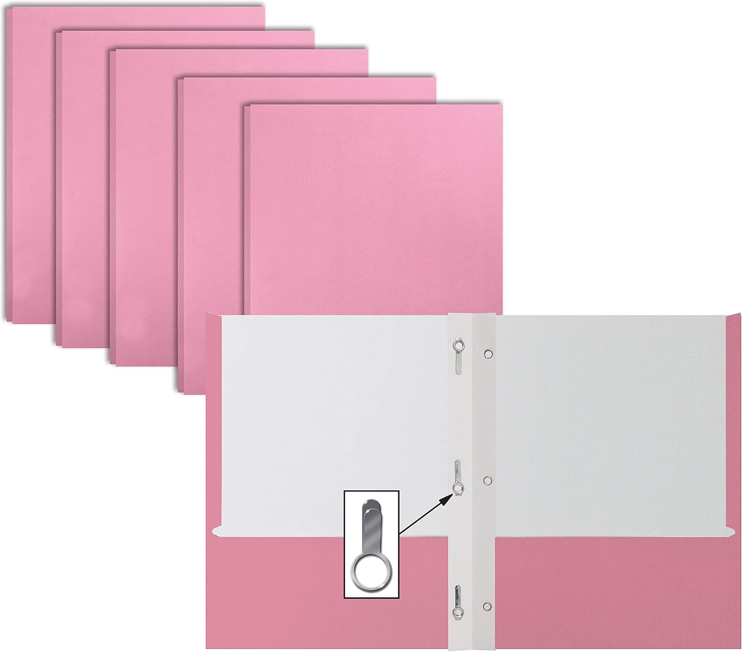 Pink Paper 2 Pocket Folders with Prongs, 50 Pack, by Better Office Products, Matte Texture, Letter Size Paper Folders, 50 Pack, with 3 Metal Prong Fastener Clips, Pink