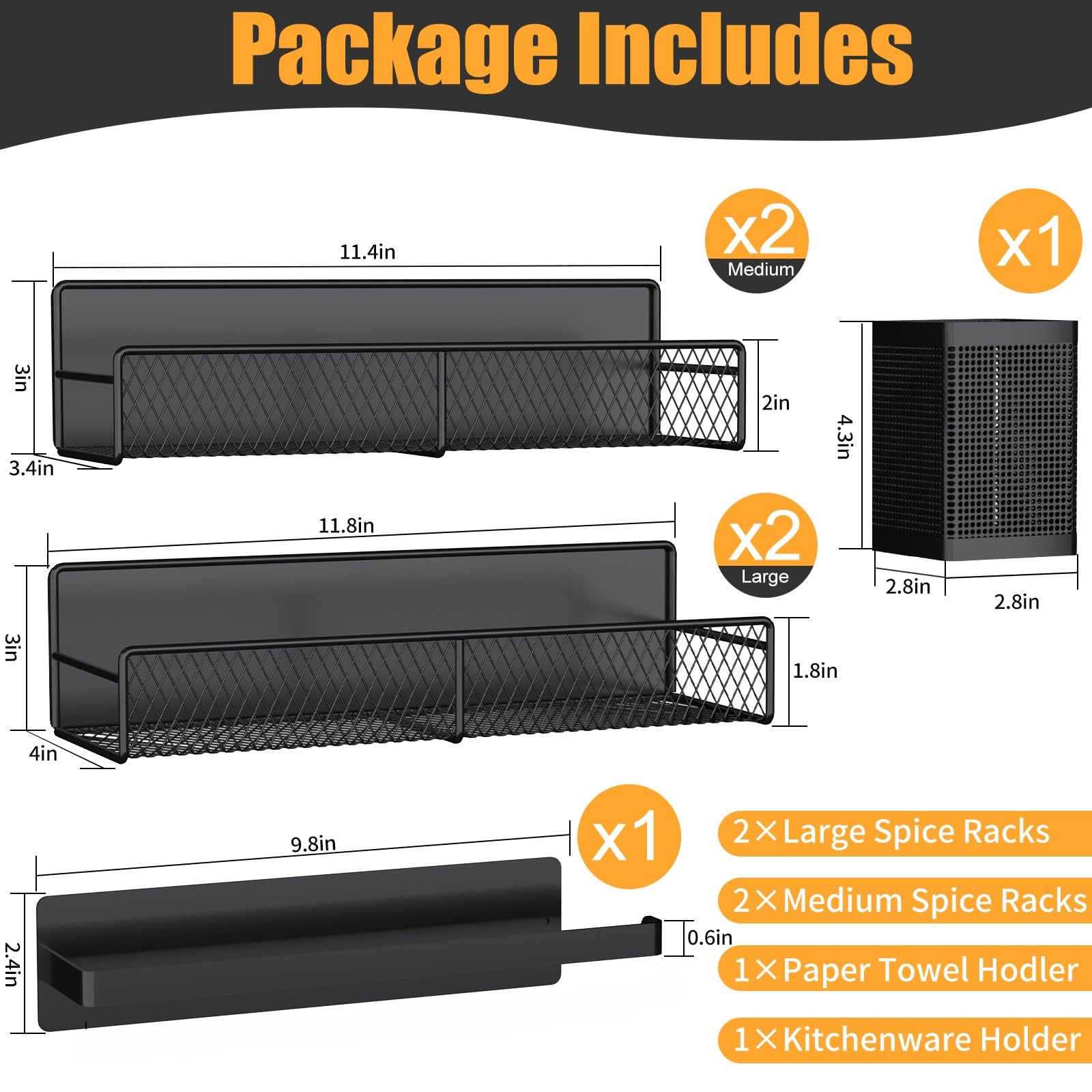 Magnetic Spice Rack for Refrigerator, 6 Pack 100% Metal Strong Magnet Shelf Black, Space Saving Spice Organizer, Home Kitchen Laundry Room Storage Organization W/ Paper Towel Holder, Utensils Racks