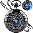 Tiong Pocket Watch Hollow Blue Star Design Roman Numerals Quartz with Chain Christmas Birthday Gifts