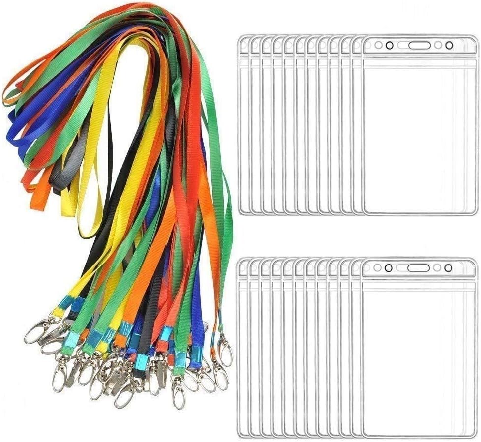 BUYGOO 24Pcs Name Badge Card Holders with Neck Lanyards for Staffs Students Teachers Waterproof Clear ID Tags Holders and Neckstrap Vertical Name Card Holder for Office Exhibition Conference