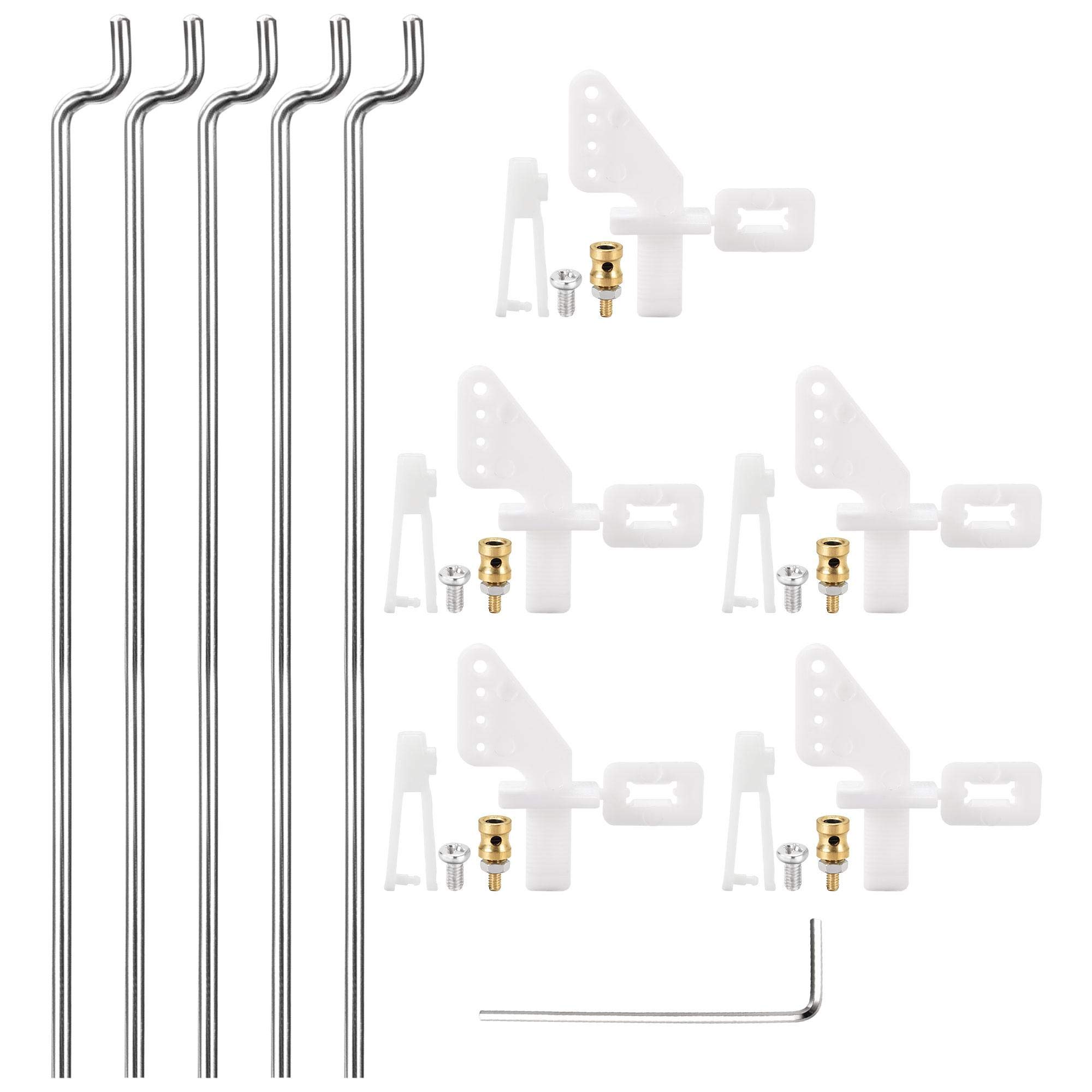 sourcing map 5 Sets RC Fixed Wing Airplane Control Horn Kit - 5pcs Nylon Control Horn + 5pcs Clevis + 5pcs 1.2x180mm Pull Rod + 5pcs 1.6mm Fast Holder + 1pcs 1.5mm