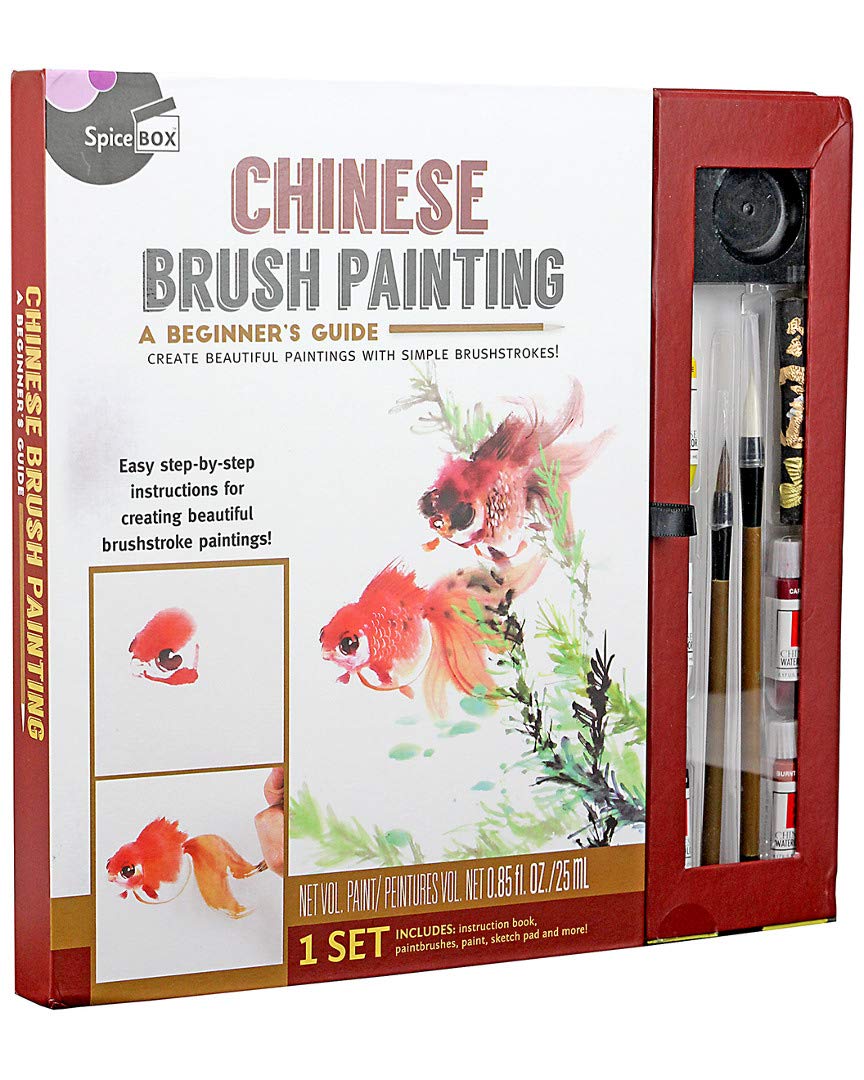 SpiceBoxMasterclass Chinese Brush Painting Kit for Adults, DIY Learn to Paint Arts and Crafts Hobby Set, Includes Watercolor Paints, Book, Paintbrushes, Ink Stone, Ink Stick, Sketch Pad