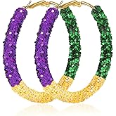 Mardi Gras Hoop Earrings for Women Lightweight Purple Yellow Green Glitter Hoop Earrings for Mardi Gras St. Patrick's Day Jewelry Gifts for Party Accessories