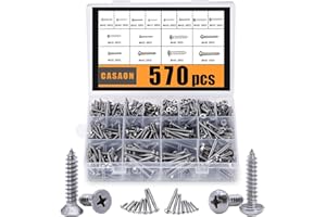 CASAON 570Pcs Self Tapping Screws Assortment Set, M3/M4/M5/M6 304 Stainless Steel Sheet Metal Screws Kit, Phillips Drive Wood Screw Assortment 570pcs (285pcs Round Head and 285pcs Flat Head)