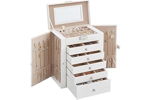 SONGMICS 6-Tier Jewelry Box Organizer with 5 Drawers, Lockable Jewelry Storage Case with Mirror, Necklace Hooks, Watch Storag
