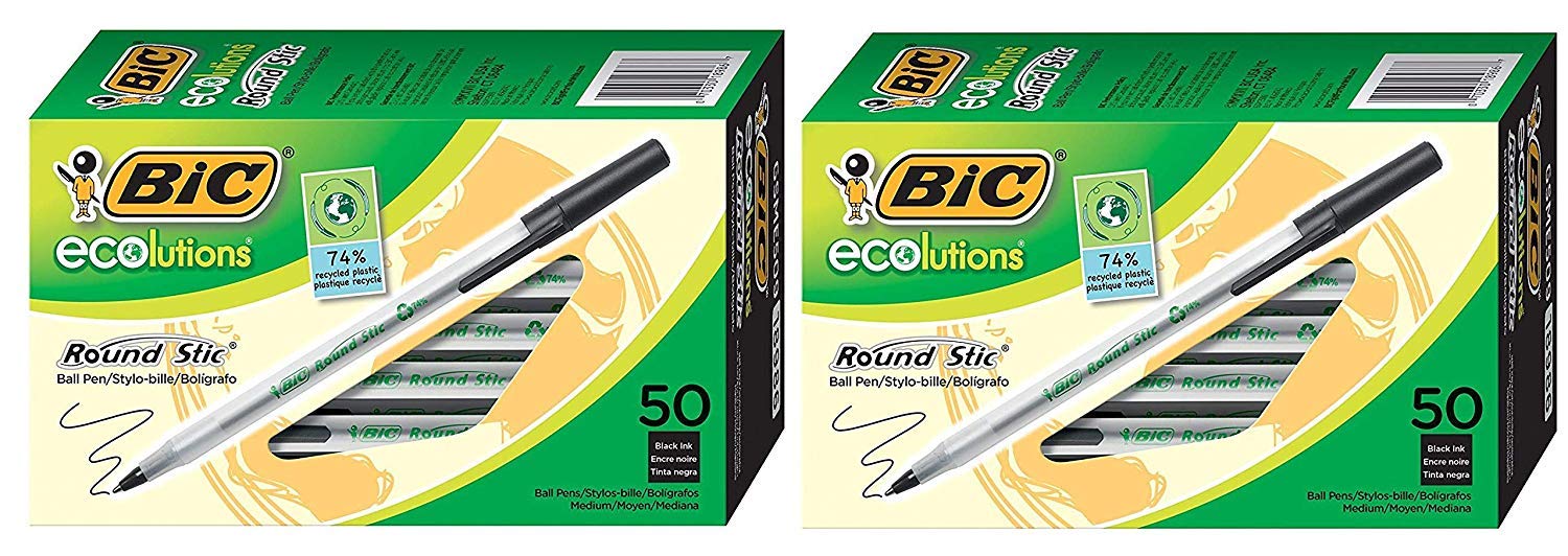 BIC Ecolutions Round Stic Ballpoint Pen, Medium Point (1.0mm), Black, 100-Count