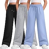 LessonZoo Teen Girls Sweatpants Wide Leg Drawstring Elastic Waist Pants Straight Leg Athletic Trousers with Pockets(Light Blue, Light Heather Gray, Black,7-8 Years)