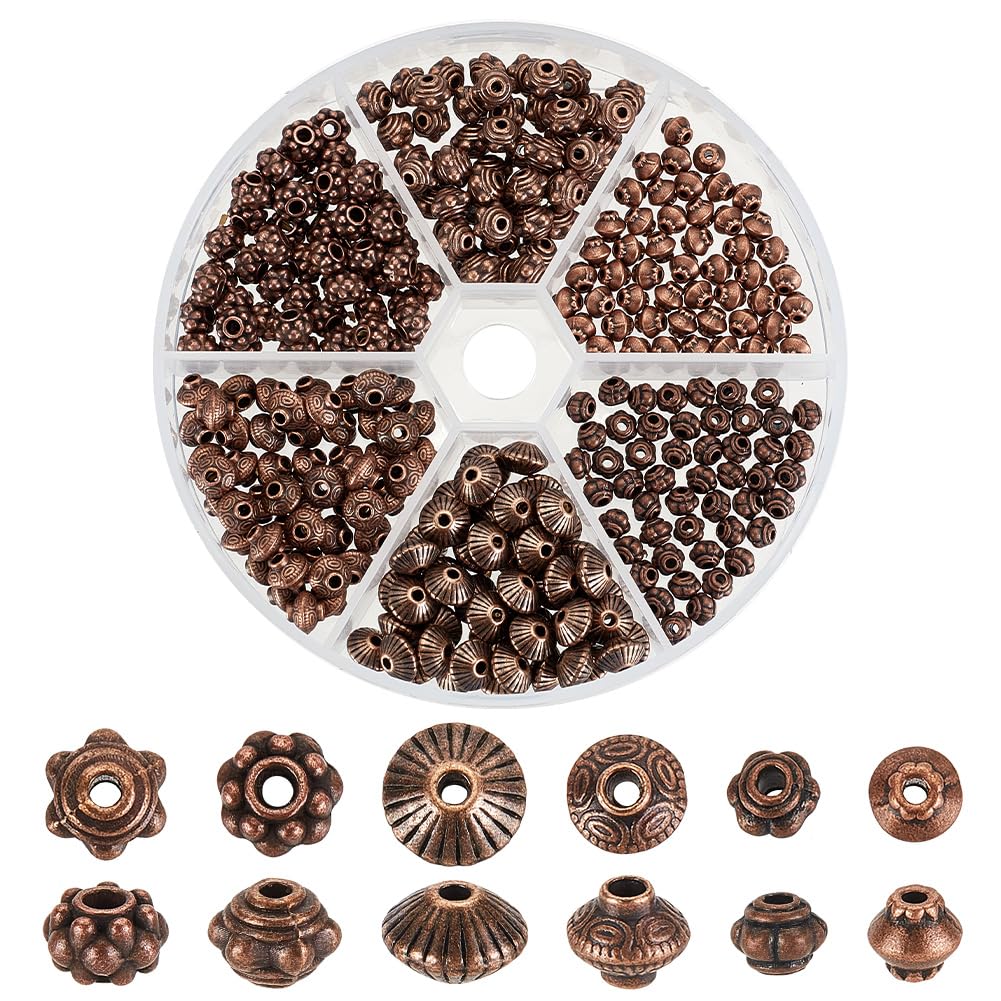 PH PandaHall 300PCS Metal Spacer Beads, 6 Styles Red Copper Jewellery Beads Flower Bicone Rondelle Tibetan Alloy Loose Beads for Making Bracelet, Necklace, Jewellery Making and Findings Accessories