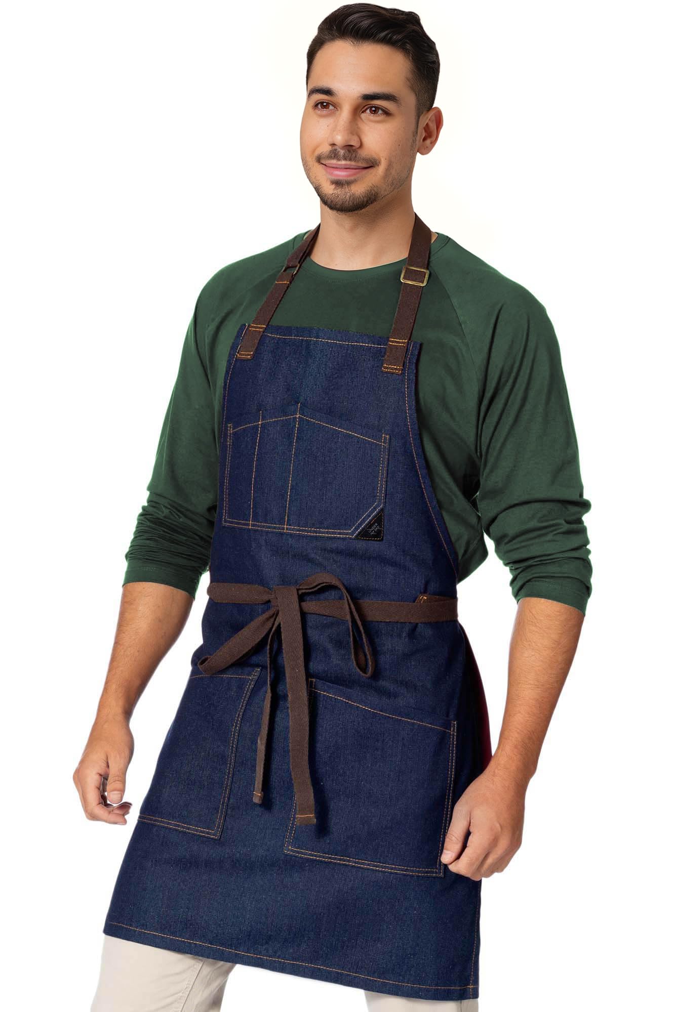 Under NY Sky Chef Apron – Professional Blue Denim – Cotton Straps - Smart Pockets - Adjustable for Men and Women – Pro Chef, Cook, Kitchen, Baker, Barista, Bartender, Server Aprons