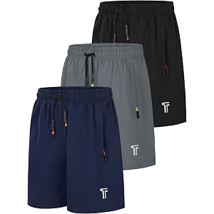 Tuliara 3 Pack Boys Shorts with Zipper Pockets Boys Athletic Shorts | Quick Dry,5-18Y,Youth Teen Kids,Colored Zipper Pulls,Br