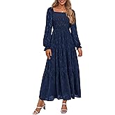 PRETTYGARDEN Wedding Guest Dresses for Women Floral Long Sleeve Smocked Tiered Elegant Long Flowy Boho Dress