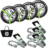 Premium Wheel Straps (4PK) - 10,000lb Guaranteed Max Break Strength - 2" Ratchet with G70 Chain Anchor Hook and 2" X8ft Lasso Strap, Perfect Car Tie Down Straps for Truck, Cars, UTV(Green)